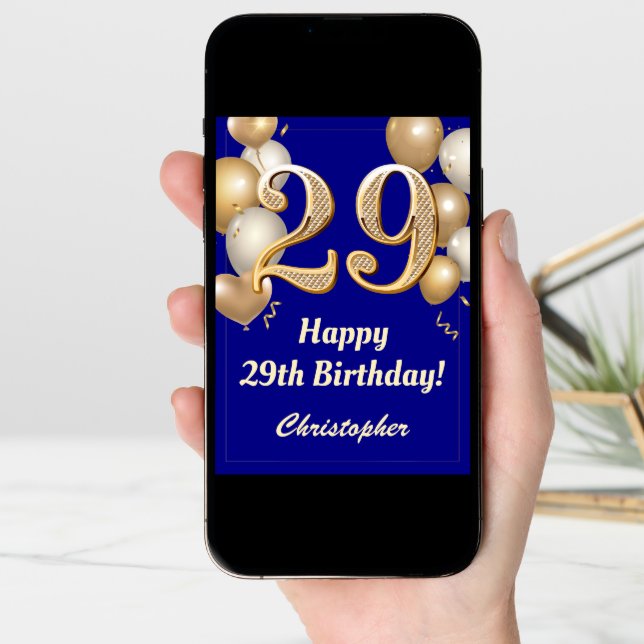 29th Birthday Navy Blue and Gold Balloons Confetti Card (Front Digital)