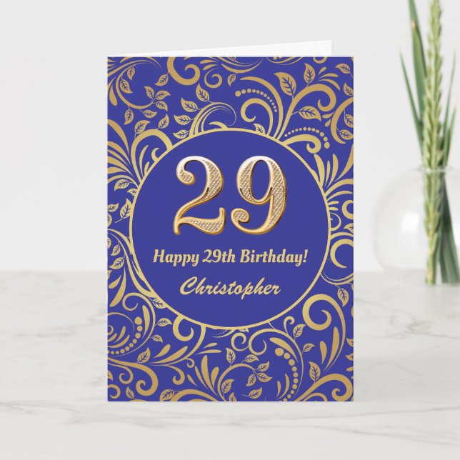29th Birthday Navy Blue and Gold Floral Pattern Card (Front)
