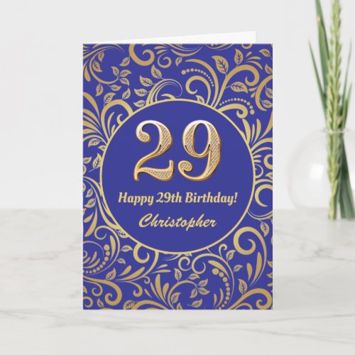 29th Birthday Navy Blue and Gold Floral Pattern Card