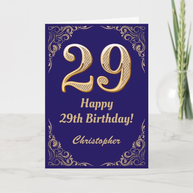 29th Birthday Navy Blue and Gold Glitter Frame Card (Front)