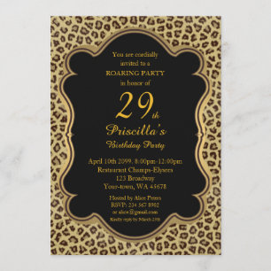 29th,Birthday Party 29th,Cheetah, Black & Gold Invitation