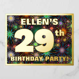 29th Birthday Party: Bold, Colorful Fireworks Look Foil Invitation Postcard