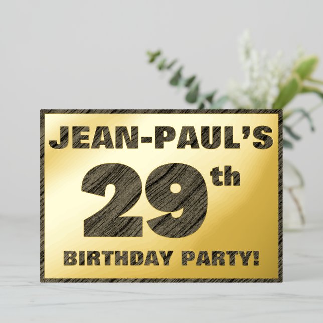 29th Birthday Party — Bold, Faux Wood Grain Text Foil Invitation (Standing Front)