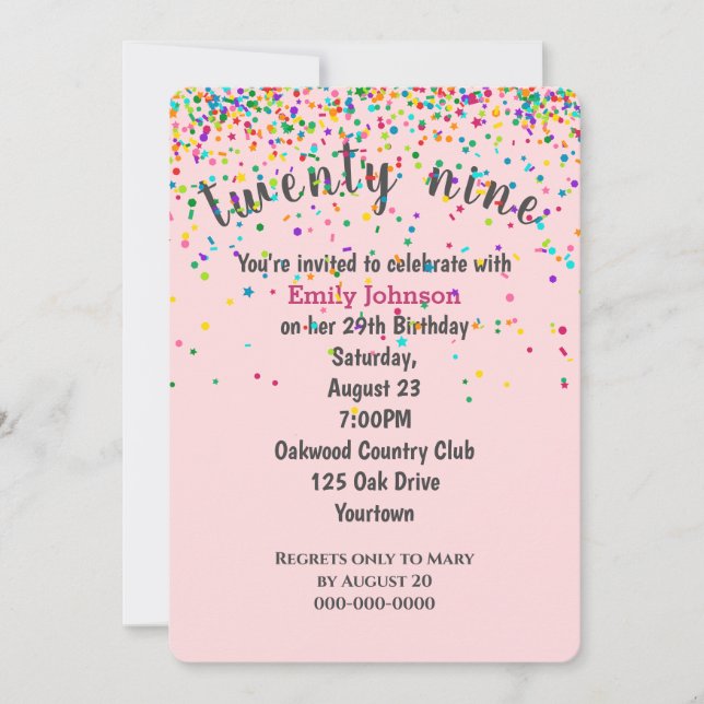 29th Birthday Party Confetti On Pink Invitation (Front)