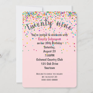 29th Birthday Party Confetti On Pink Invitation