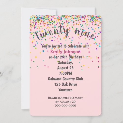 29th Birthday Party Confetti On Pink Invitation