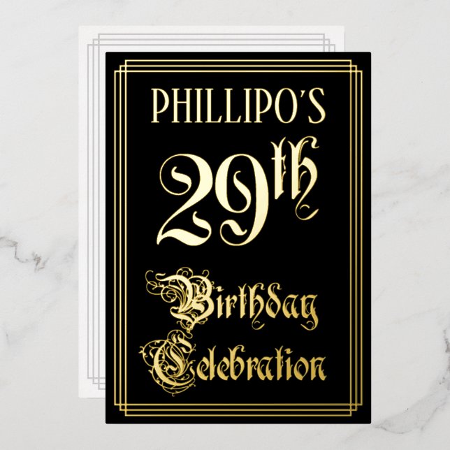 29th Birthday Party — Fancy Script & Custom Name Foil Invitation (Front/Back)