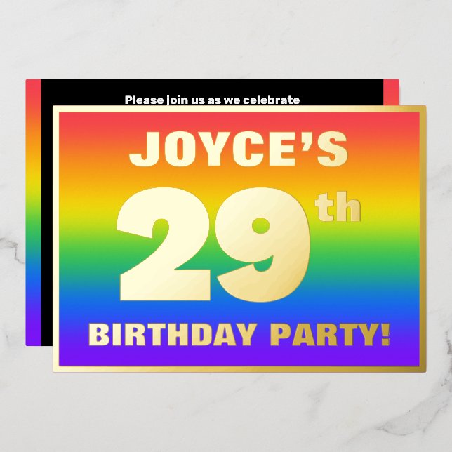 29th Birthday Party: Fun, Colorful Rainbow Pattern Foil Invitation (Front/Back)