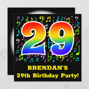 29th Birthday Party: Fun Music Symbols, Rainbow 29 Invitation
