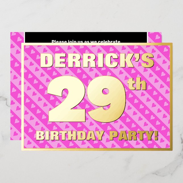 29th Birthday Party — Fun Pink Hearts and Stripes Foil Invitation (Front/Back)