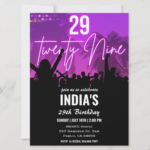 29th Birthday Party Pink Neon Invitation