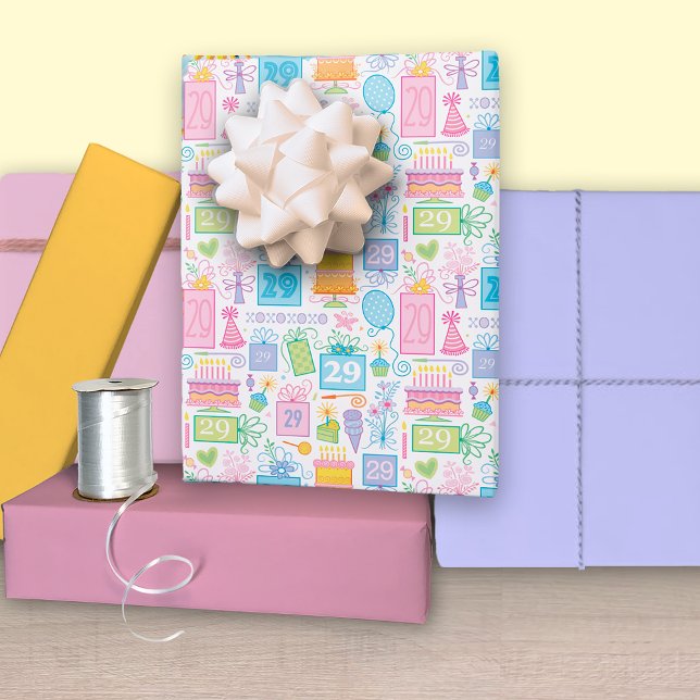 29th Birthday Pastel Pink Cake Presents Balloons Wrapping Paper Sheets (Creator Uploaded)