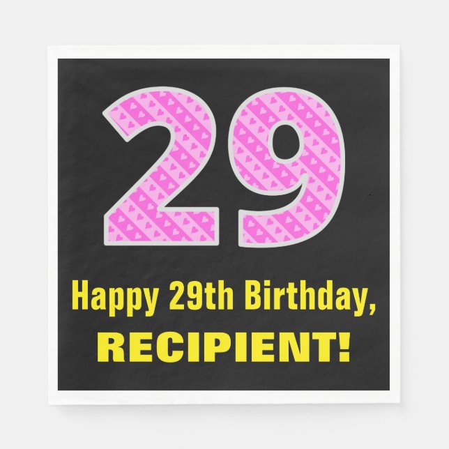 29th Birthday: Pink Stripes and Hearts "29" + Name Napkins (Front)