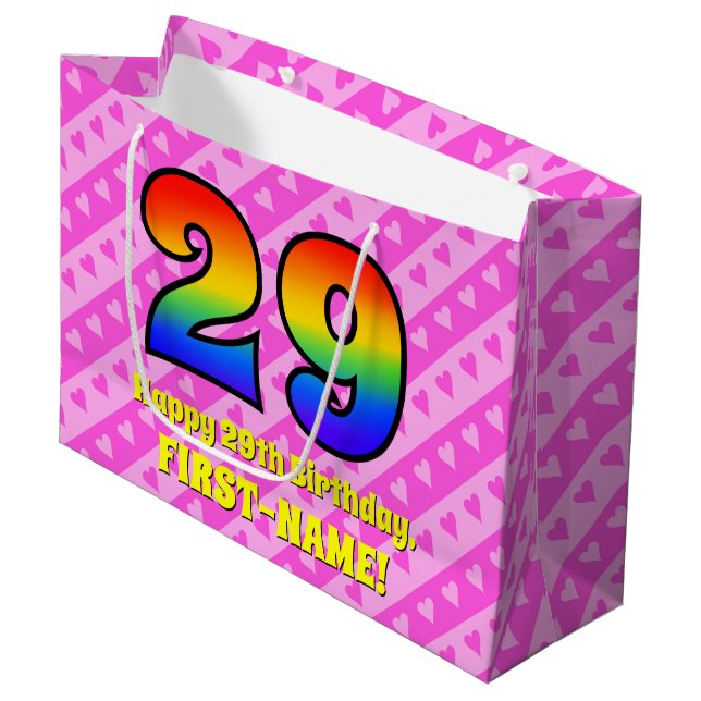 29th Birthday: Pink Stripes & Hearts, Rainbow # 29 Large Gift Bag (Front Angled)