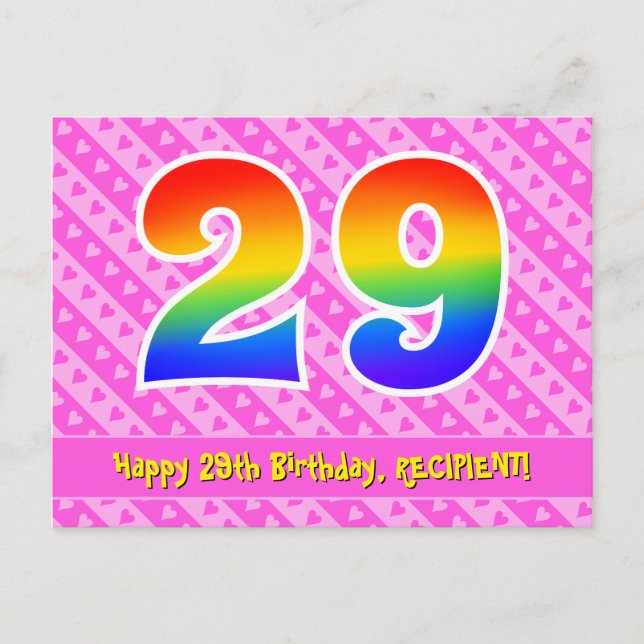 29th Birthday: Pink Stripes & Hearts, Rainbow 29 Postcard (Front)