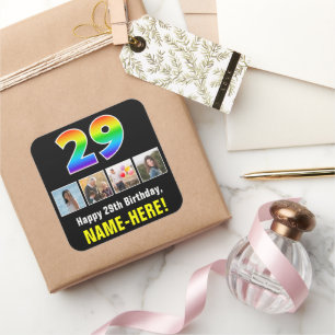 29th Birthday: Rainbow “29”; Custom Photos & Name Square Sticker