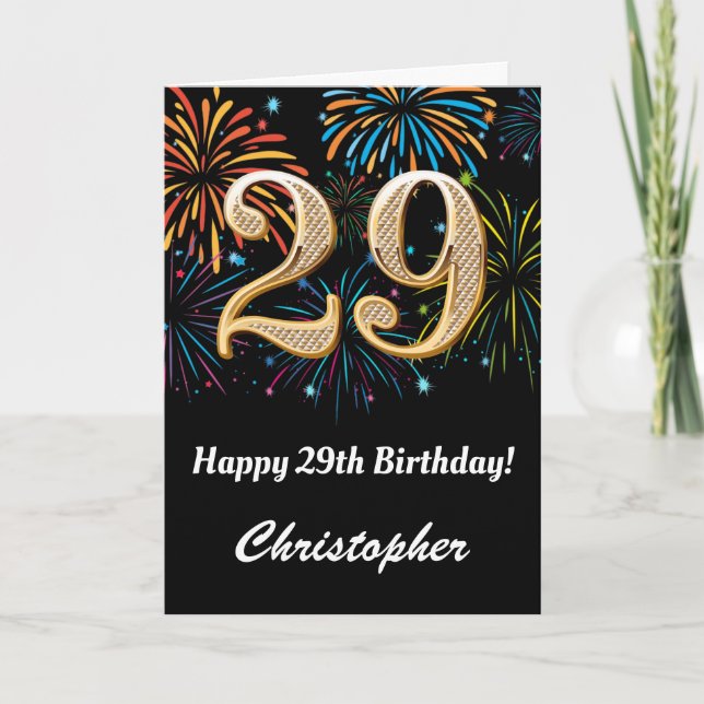 29th Birthday Rainbow Fireworks Black and Gold Card (Front)