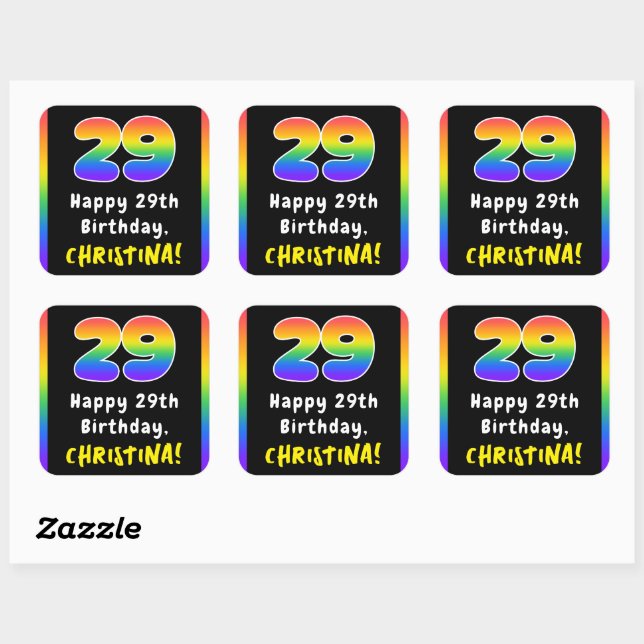 29th Birthday: Rainbow Spectrum # 29, Custom Name Square Sticker (Sheet)
