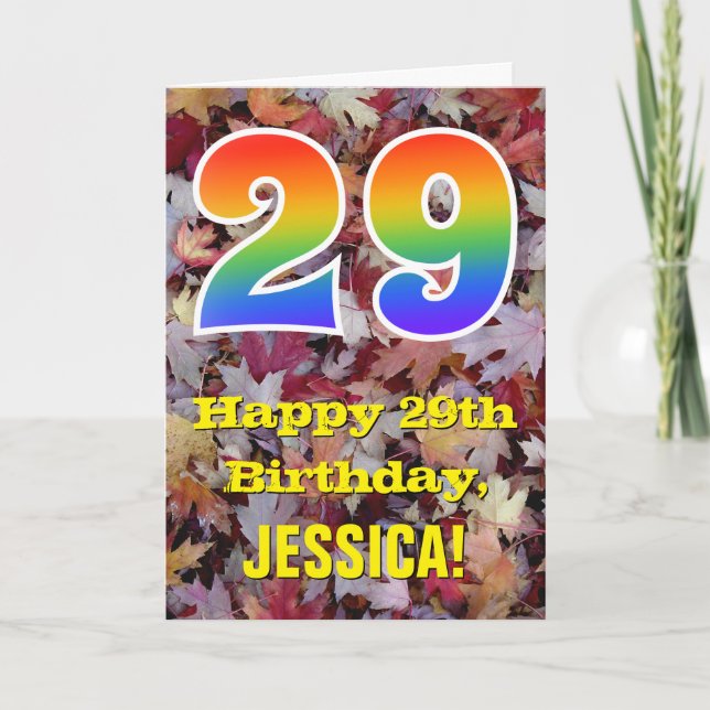 29th Birthday; Rustic Autumn Leaves; Rainbow "29" Card (Front)