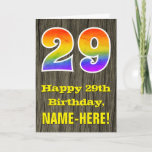 [ Thumbnail: 29th Birthday: Rustic Faux Wood Look, Rainbow "29" Card ]