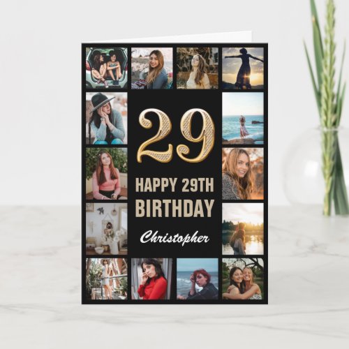 29th Happy Birthday Black and Gold Photo Collage Card