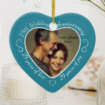 29th Wedding Anniversary Photo Ceramic Ornament<br><div class="desc">Celebrate a 29th happy year of marriage with a custom photo ornament in a delightful heart shape frame. Simply upload your own photo of the married couple and it will appear in the cutout. The aqua surround features a white script font and decorations. The words are: 29th Wedding Anniversary -...</div>