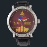2/34th Armor M48 Watch<br><div class="desc">Features the M48A3 Patton Tank silhouette cut from the Vietnam Service Medal ribbon with the 2/34th Armor Dreadnaught shoulder patch on a deep red gradient face.</div>