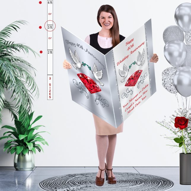 2, 3 or 4 Foot Tall GIANT 40th Anniversary Cards (40 year wedding anniversary cards. Giant Anniversary Card. Red Ruby Cards. 40th anniversary presents)