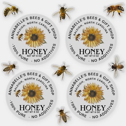 25 Clear Honey Label with Sunflower and Bee