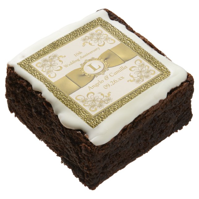2.5" Ivory, Gold Floral 10th Anniversary Brownies (Angled)