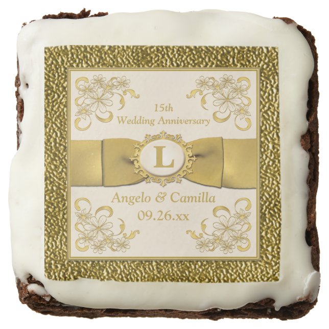 2.5" Ivory, Gold Floral 15th Anniversary Brownies (Front)
