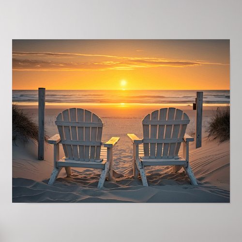 2 Adirondack Chairs on the Beach Vivid Sinset Poster