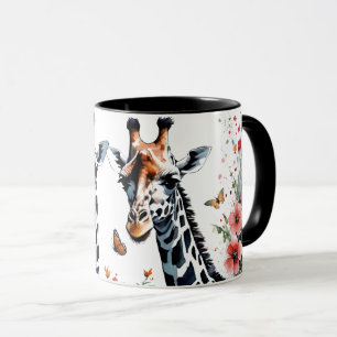 2 Adorable Giraffes Floral with Butterflies Mug