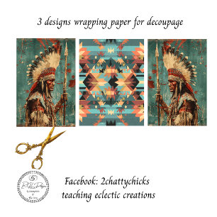2 American Indian Chief & Blanket Decoupage Wrapping Paper Sheets