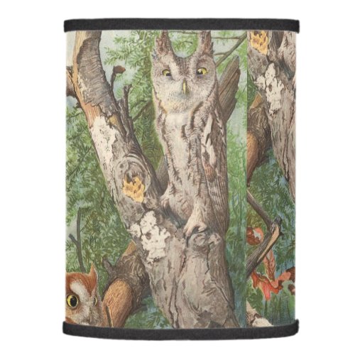 2 angry vintage owls in a tree lamp shade