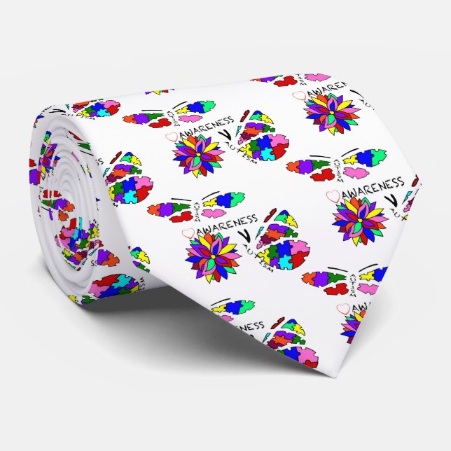 2 Autism Awareness Butterflies with flower Neck Tie (Rolled)