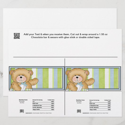 2 Baby Bear Shower Candy Bar Wrappers Party Favors (Front/Back)