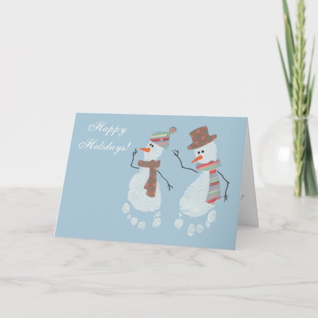 2 Baby Footprint Snowmen - Happy Holidays! Holiday Card (Front)