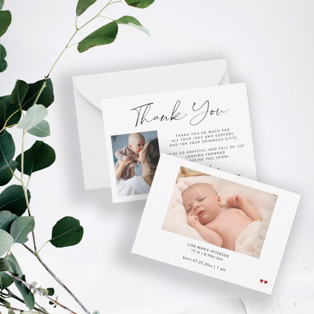 2 baby photos simple elegant script thank you note card (This is a MINI CARD - Available in bigger sizes)