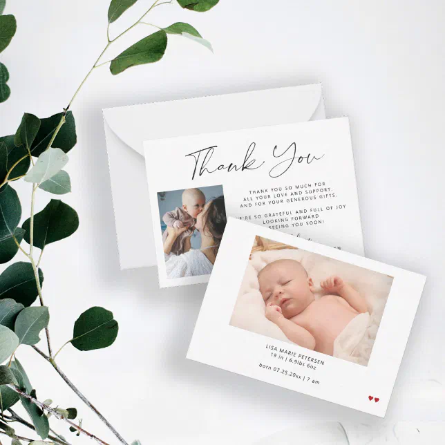 2 baby photos simple elegant script thank you note card | Zazzle