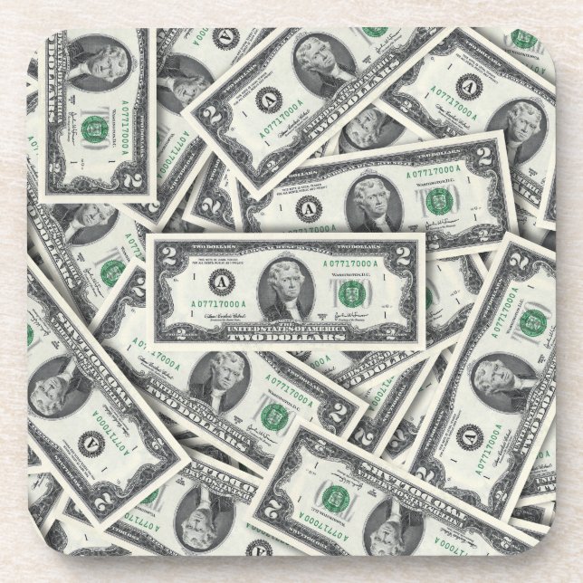 $2 Bill Money Pattern Beverage Coaster (Front)