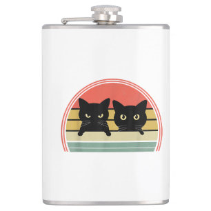 2 Black Cats Peeking Vintage Retro Cat Animal Love Flask