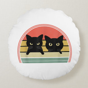 2 Black Cats Peeking Vintage Retro Cat Animal Love Round Pillow
