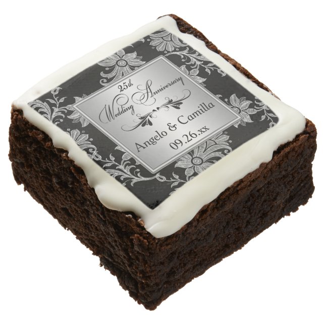 2" Black, Silver Damask 25th Anniversary Brownies (Angled)