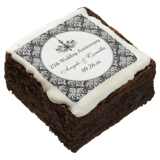 2" Black, Silver Damask 25th Anniversary Brownies (Angled)