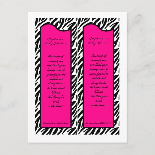 2 Book Marks Hot Pink Zebra Print Invitation Postcard