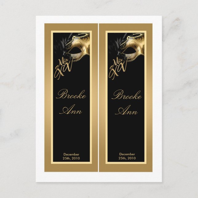 2 Book Marks Mis XV Gold Black Party Invitation Postcard (Front)