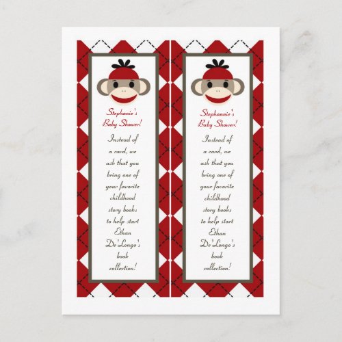 2 Book Marks Red Sock Monkey Argyle Invitation Postcard