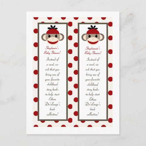 2 Book Marks Red Sock Monkey Invitation Postcard