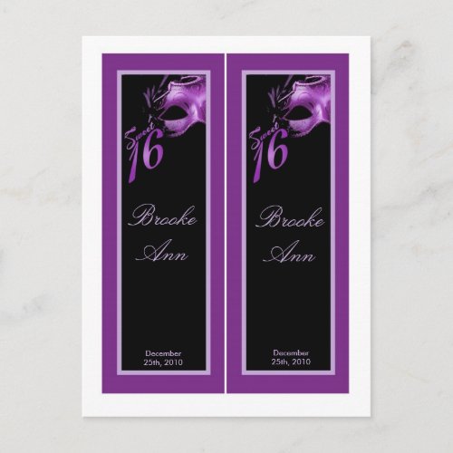 2 Book Marks Sweet 16 Purple Lilac Black Party Invitation Postcard